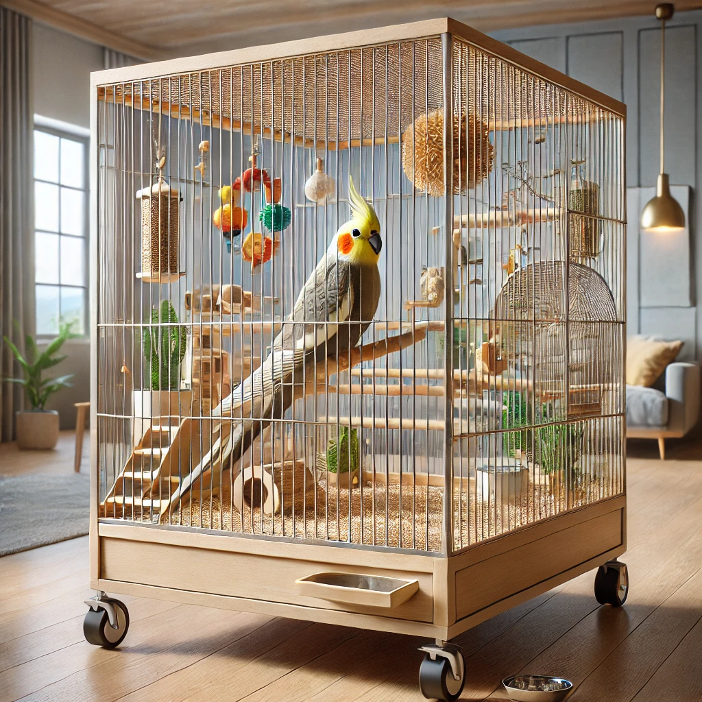 photo-realistic image of a cozy and spacious cockatiel cage